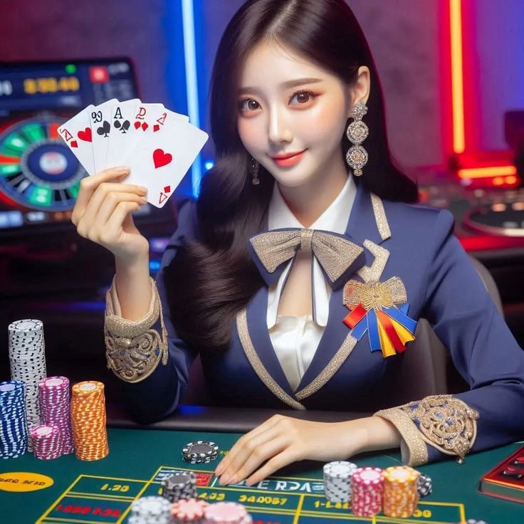 Dealer casino live dengan meja hijau dan banyak lampu neon di background