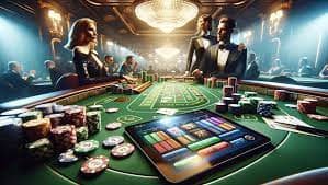 Pemain menggunakan smartphone dengan tema gelap dan neon, menikmati permainan game di platform okeslot